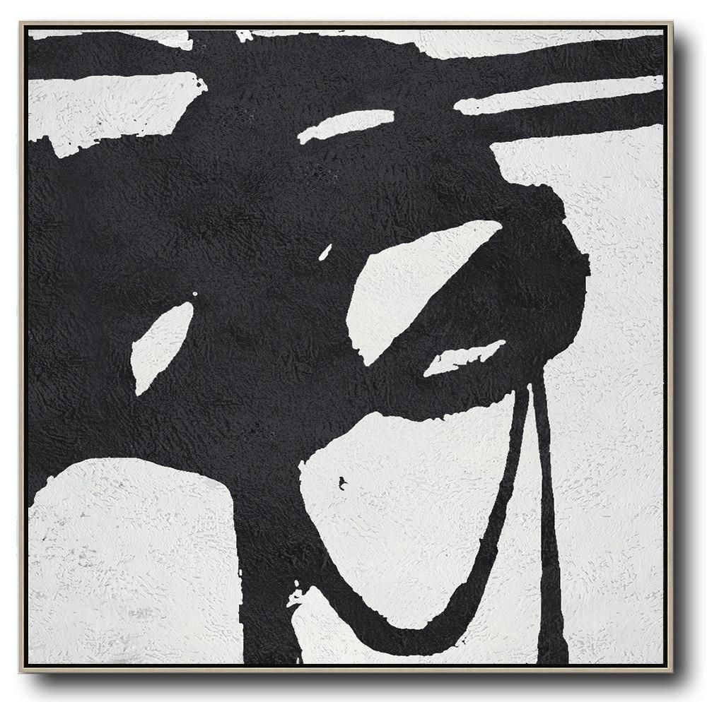 Hand-Painted Oversized Minimal Black And White Painting - Abstract Art Origin Cafe Room Large